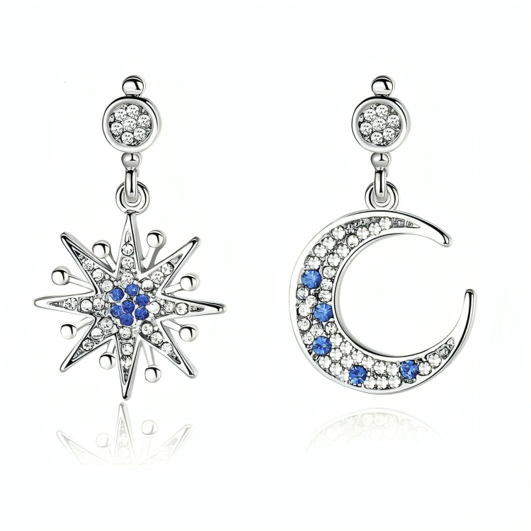 Star Moon Dangle Droop Earrings(Silver)