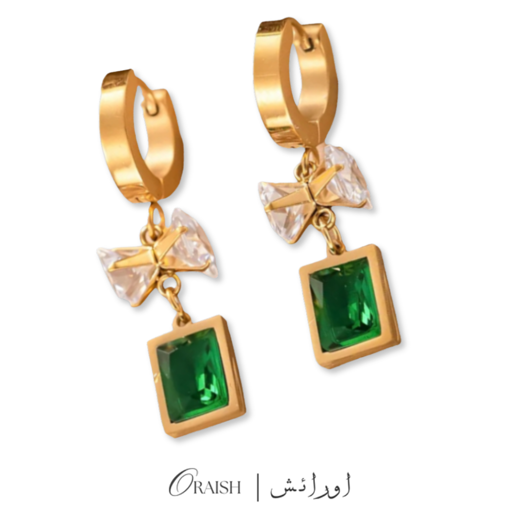 Emerald Bow Huggie Hoops