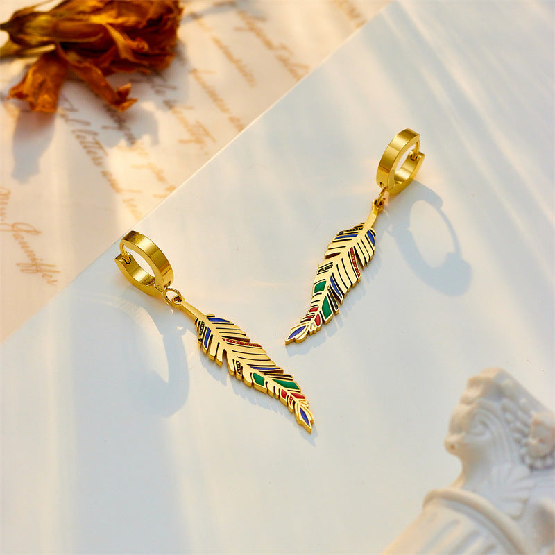 Oil dripping leaf pendant earring